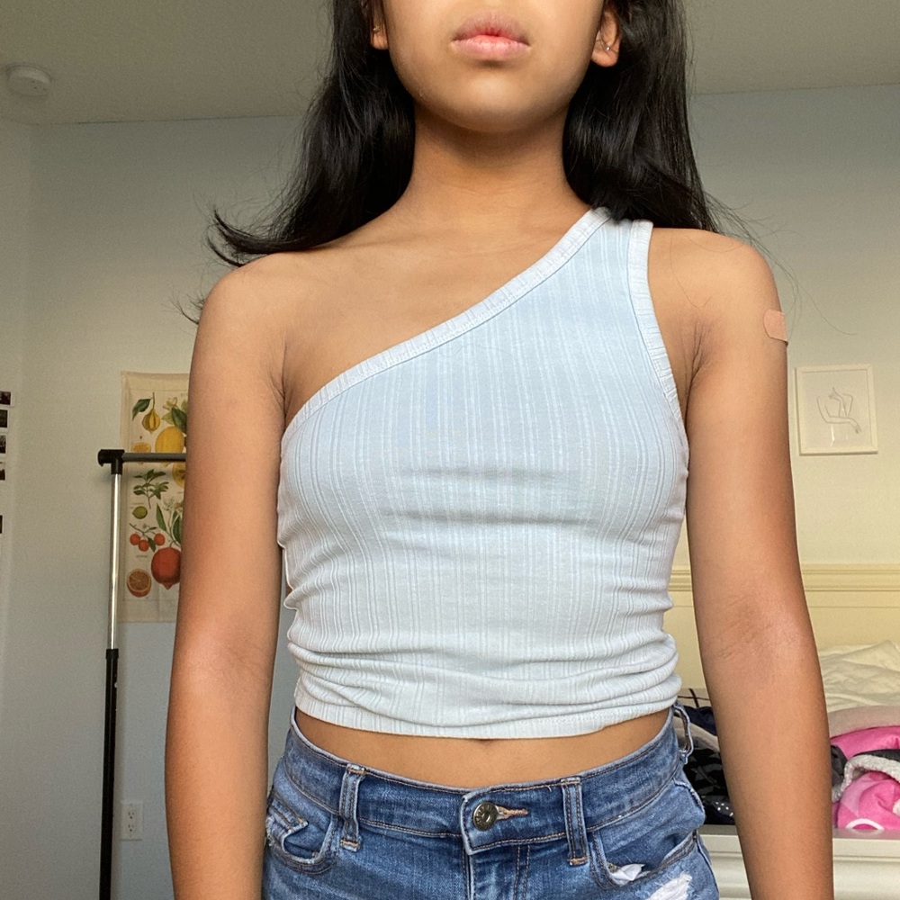 blue one shoulder top